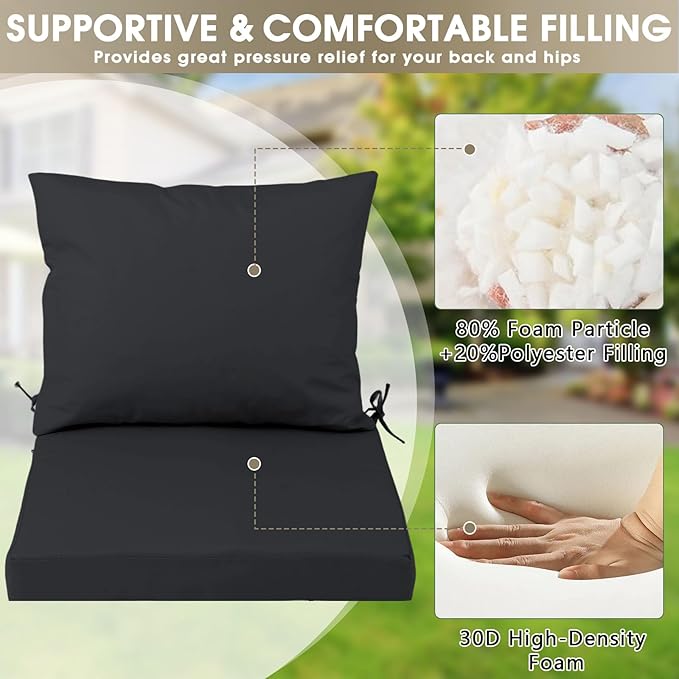 Outdoor Seat Cushion Set 19 x 19 In, Water-Resistant & Fade-Resistan, Patio Furniture Cushions with Removable Cover Deep Seat & Back Cushion with Handle and Adjustable Straps for Chair Sofa,2PC