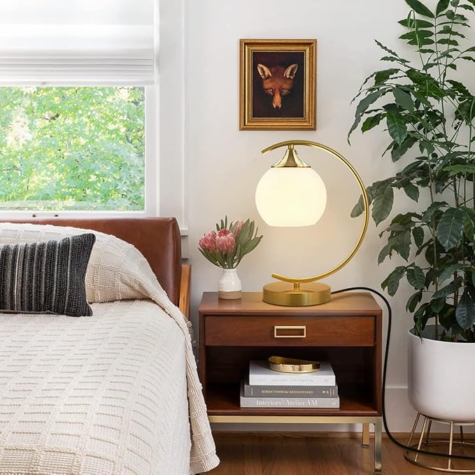 BOKT Modern Globe Table Lamp Mid Century Gold Glass Table Lamp Nordic Simple Design Desk Lamp White Globe Metal Reading Lighting Fixture for Bedside Nightstand Living Room