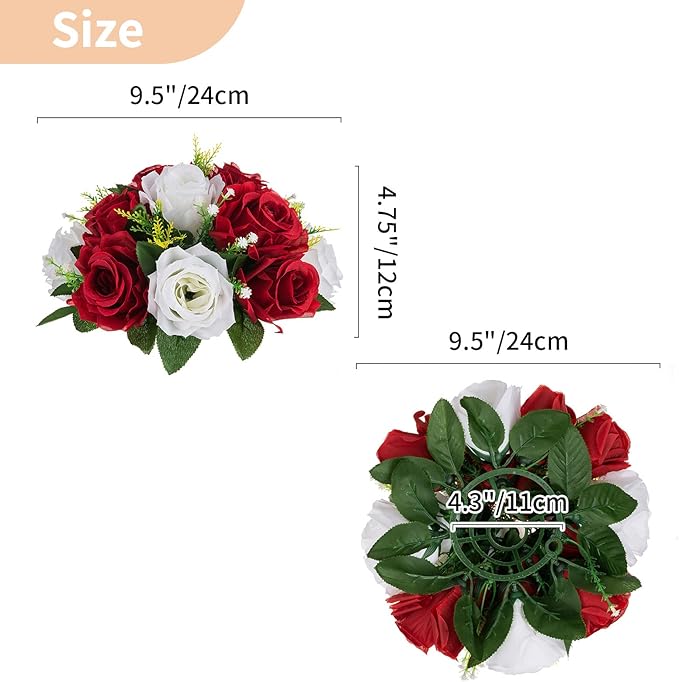 NUPTIO Artificial Flower Centrepieces for Tables - 10 Pcs Crimson & White Fake Flowers Roses Balls 9.5in Diameter - Silk Faux Rose Arrangement for Wedding Party Centerpiece Table Decorations