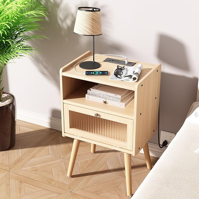 Mid Century Modern Nightstand with Charging Station, Bedside Tables with Glass Door, End Table Side Table with 2 Tiers Storage Space, for Bedroom, Living Room, Natural