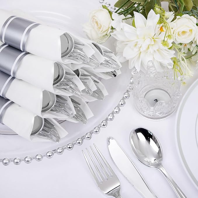 Supernal Pre Rolled Silver Plastic Silverware Set of 30 Wrapped Cutlery,Pre Rolled Napkins with Plastic Silverware Heavy Duty, Silver Disposable Forks and Spoons
