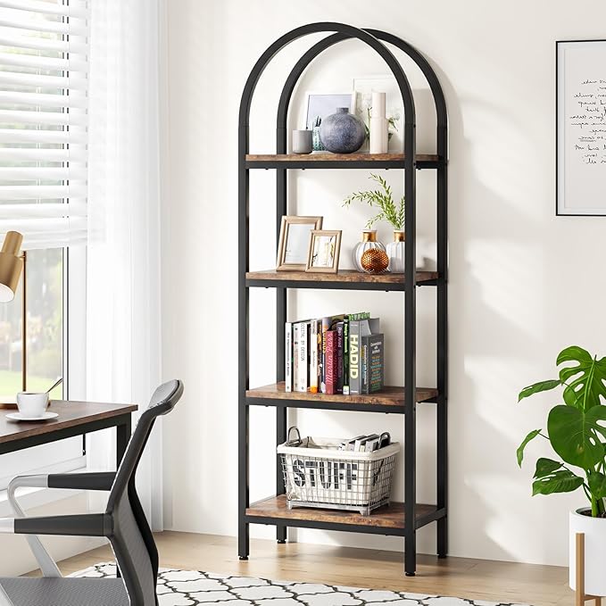 Tribesigns 4-Tier Open Bookshelf, 70.8" Industrial Arched Bookcase Storage Shelves with Metal Frame, Freestanding Display Rack Tall Shelving Unit for Office, Bedroom (Rustic Brown, 1PC)