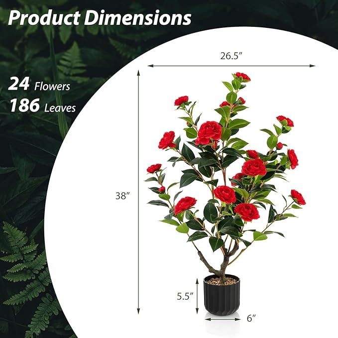 Goplus 38’’ Artificial Camellia Tree, Flower Plants Artificial Tree, Faux Floral Plant Blooming Tree in Cement Pot, Greenery Potted Plant for Indoor Outdoor Office Home Porch Decor