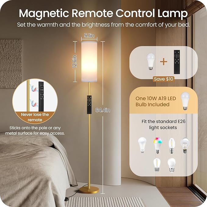 Dimmable Floor Lamp for Living Room with Remote and Foot Switch, Corner Floor Lamp, 66'' Standing Tall Lamp, 10W 900LM LED Bulb Included, 3000K-6500K, Linen Shade, Gold White, FCC Listed DCW06LD05W1