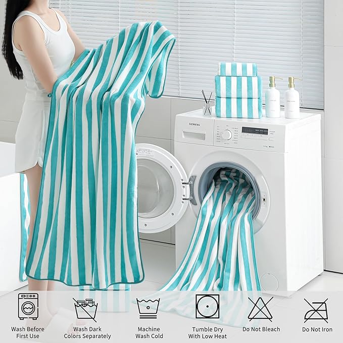 18 Pcs Turquoise Cabana Stripe Family Towels Set with Hanging Loop-6 Bath Sheets,6 Hand Towels,6 Washcloths Soft Bathroom Towel Highly Absorbent Quick Dry Shower Towel for Beach Chair,Spa,Gym,Hotel