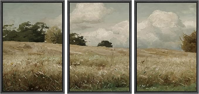 SIGNWIN Framed Canvas Print Wall Art Woodland Nursery Decor Set Watercolor Country Field Landscape Pasture Nature Abstract Fine Art Nordic for Living Room, Bedroom, Office - 16"x24"x3 Black