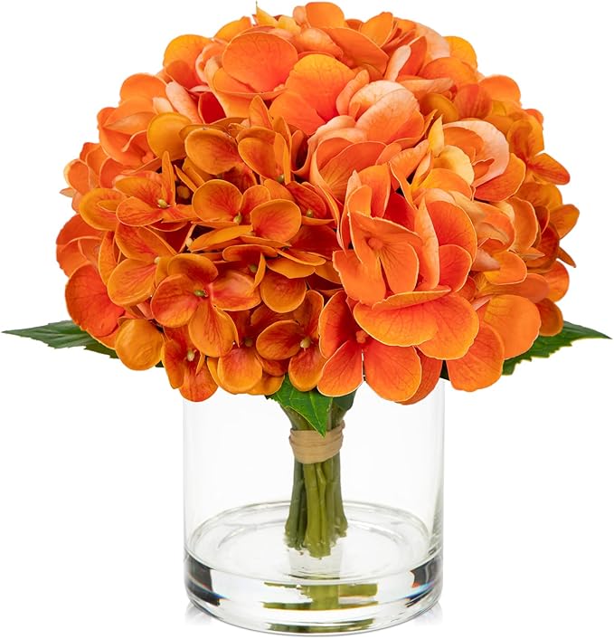 Hollyone Fall Hydrangea Artificial Flowers for Decoration Orange Hydrangea Artificial Flowers in Vase Latex Real Touch Fall Flower Arrangements Fake Hydrangeas with Faux Water Autumn Centerpiece Decor