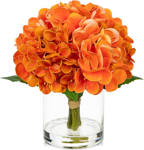Hollyone Fall Hydrangea Artificial Flowers for Decoration Orange Hydrangea Artificial Flowers in Vase Latex Real Touch Fall Flower Arrangements Fake Hydrangeas with Faux Water Autumn Centerpiece Decor