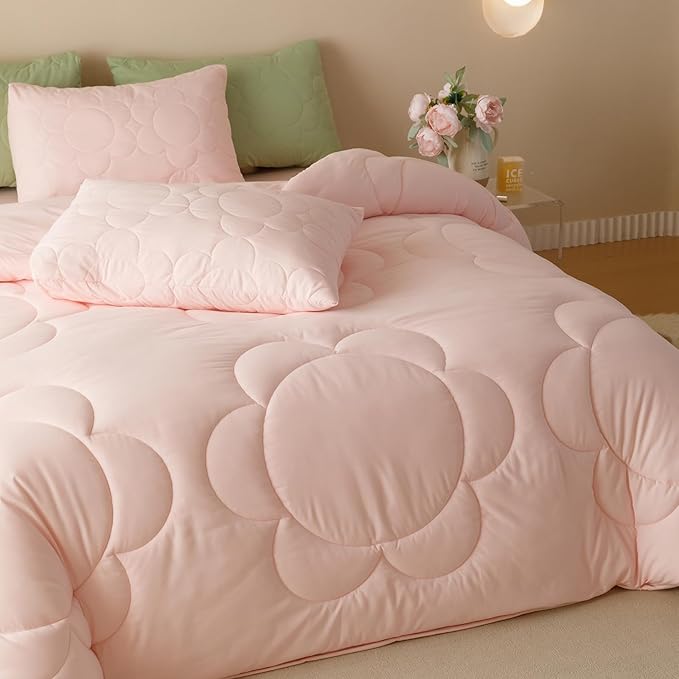 Luxlovery Pink Sunflower Comforter Set Twin Light Pink Floral Quilts Blush Pink Bedding Comforter Set Boho Farmhouse Plain Color Soft Breathable Cozy Comforter