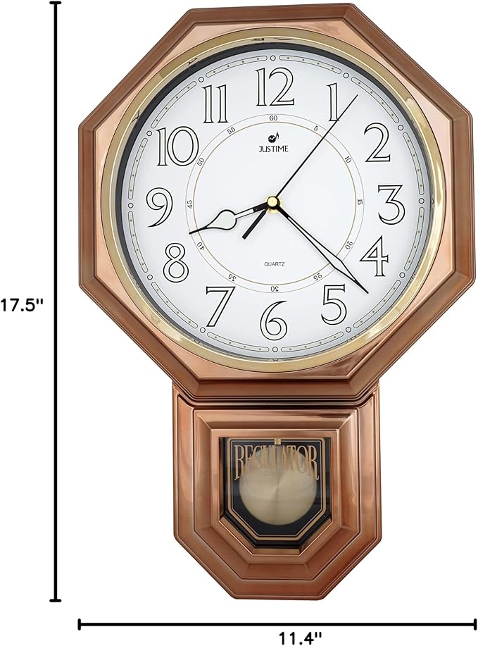JUSTIME Traditional Schoolhouse Luminious Arabic Regulator Wall Clock, Chiming Wall Clocks with Pendulum & Westminster Chime Hourly, Schoolhouse Wall Decor Battery Operated (Vintage Copper)