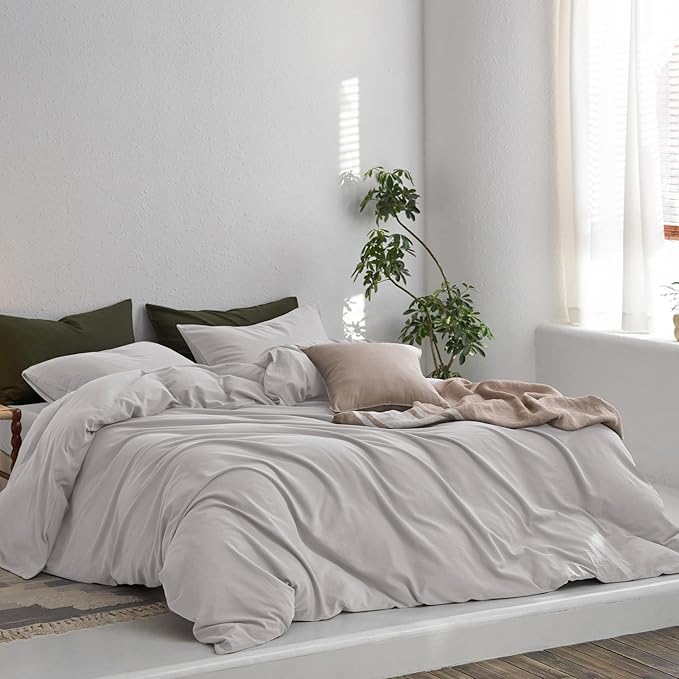 MooMee Queen Duvet Cover Set, 100% Washed Cotton Linen Like Twill Thick Sturdy Material Super Soft Breathable Durable Bedding for All Season, 3 Pieces (Light Gray, Queen 90"x90")