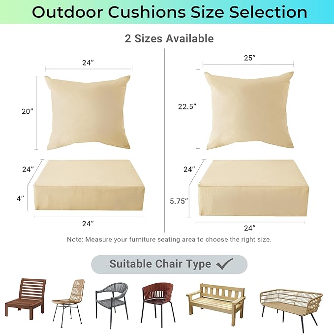 Outdoor Cushions for Patio Furniture,Outdoor Seat Cushion Set 24 x 24 x 5.75 Inch,Waterproof & Fade Resistant Outdoor Chair Cushions,Deep Patio Chair Cushion with Removable Cover,Beige