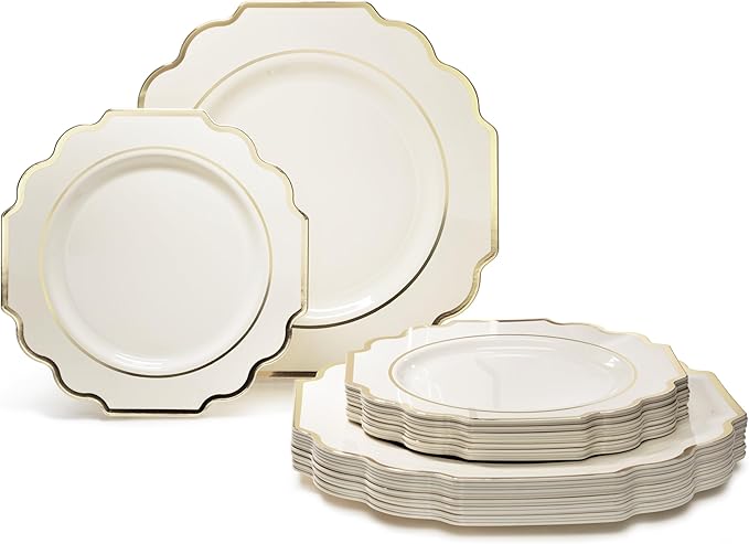 " OCCASIONS " 50 Plates Pack (25 Guests)-Heavyweight Wedding Party Disposable Plastic Plate Set -(25x10.5'' Dinner + 25x8'' Salad/Dessert) (Imperial Ivory & Gold)