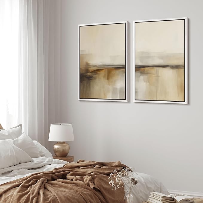 MUDECOR Framed Canvas Print Wall Art Set Abstract Beige and Brown Gradient Neutral Minimalist Landscape Illustrations Modern Art Decorative Calm for Living Room, Bedroom, Office - 16"x24"x2 White