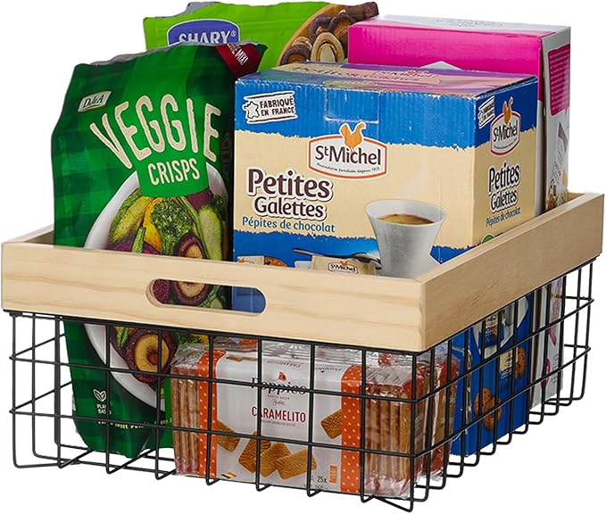 Set of 3 Metal Wire Baskets for Organizing Wood Top with Handles Storage Organizer Farmhouse Decor for Kitchen Cabinets Pantry Laundry Room Bathroom Closets Nesting Countertop Baskets