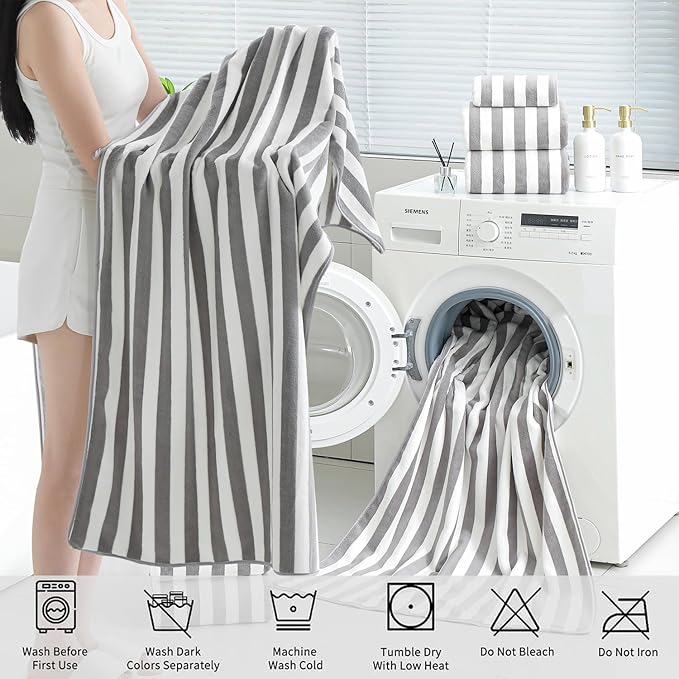 Oliven 18 Pcs Coffee Cabana Stripe Family Towels Set-6 Bath Sheets,6 Hand Towels,6 Washcloths Soft Jumbo Bathroom Towels Absorbent Shower Towel Quick Dry Beach Chair Towel Spa Gym Hotel Towel Set