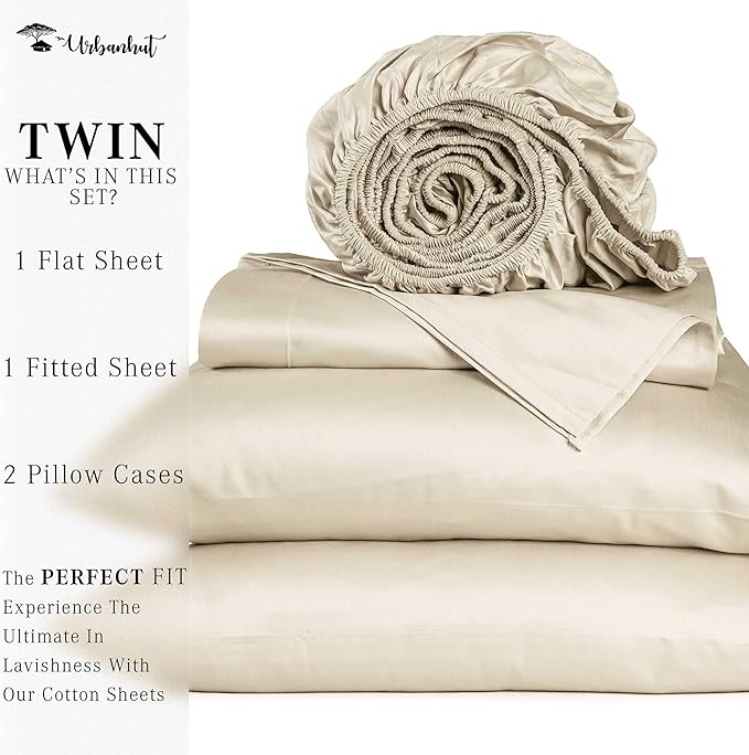 URBANHUT 700 Thread Count Twin Sheet Set Egyptian Cotton Sheets, 4Pc Sheet Set Soft Luxury Bed Sheets for Twin Size Bed, Sateen Weave Hotel Sheets, 14" Elasticized Deep Pocket - Ivory