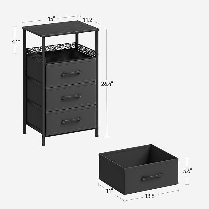 Night Stand Set of 2, Nightstands with 3 Fabric Drawers, Side Table with Open Storage Shelf, Security Metal Mesh, Bedside Tables for Bedroom, Living Room, Small Spaces, Black