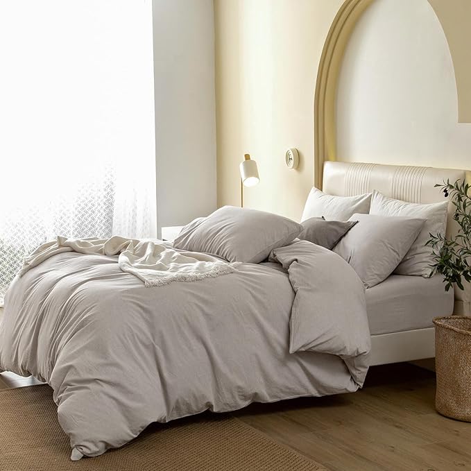 JIYUAN 100% Washed Cotton Duvet Cover Set 3 PCS Super King Plus, 1 Duvet Cover 120"x120" (Comforter Not Included) and 2 Pillowcases,Linen Feel Bedding Set Comfy and Breathable, Heathered Cream Grey