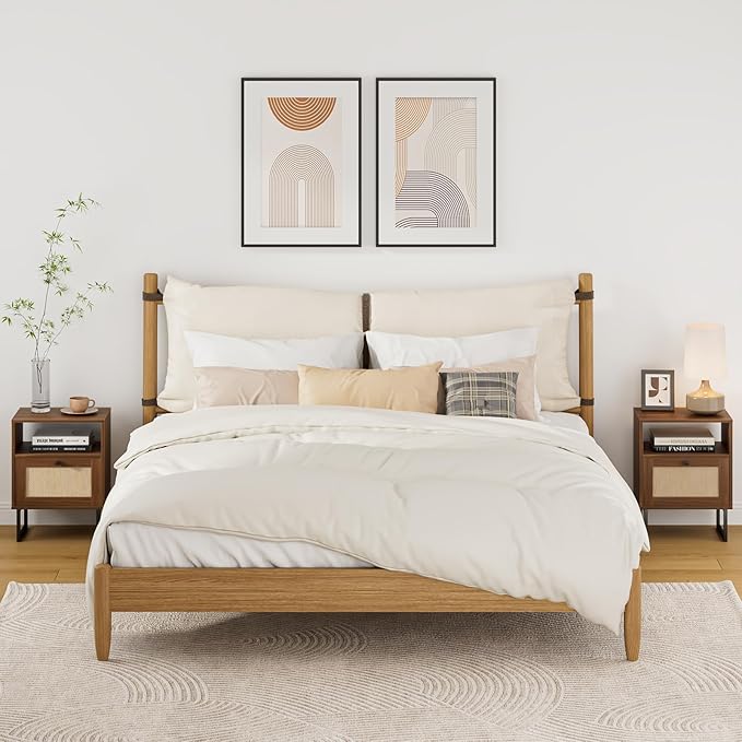 Rattan Nightstand, Boho Night Stand Farmhouse Wood Bedside Table with Storage and Open Shelf, End Side Accent Table for Bedroom,Living Room,Walnut