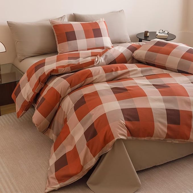 Cottonight Checkered Red Comforter Set King Men Gingham Grid Bedding Set Red and Khaki Grid Comforter Fluffy Soft Blanket Quilts Modern Cottagecore Comforter with 2 Pillowcases for King Bed