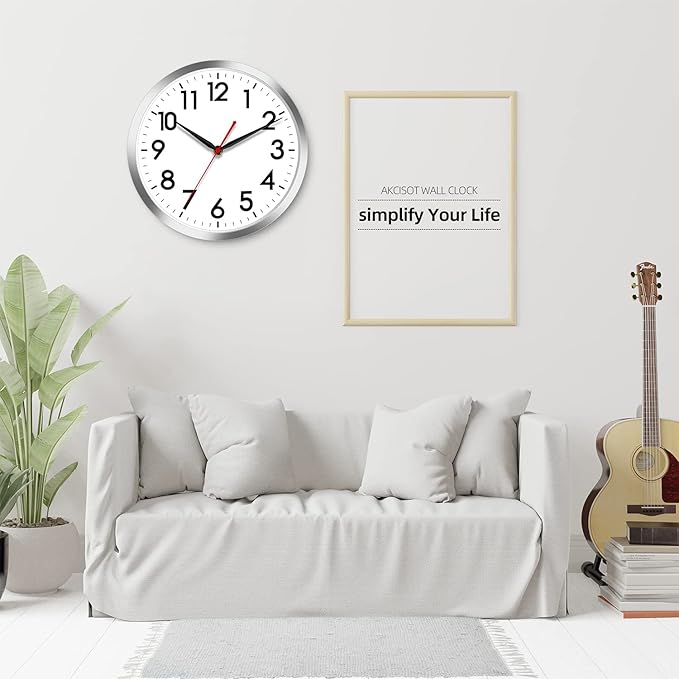 AKCISOT Wall Clock 14 Inch Large Silent Wall Clocks Battery Operated, Silver Modern Non-Ticking Clock Decorative for Living Room,Kitchen,Bathroom,Bedroom,Office,Home,Classroom,School
