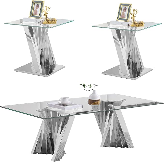 Glass 3 Piece Living Room Table Sets,3-Piece Table Set Includes 1 Glass Coffee Table and 2 End Tables with Stainless Steel Frame,Modern Coffee Table Set of 3 for Living Room (Silver)