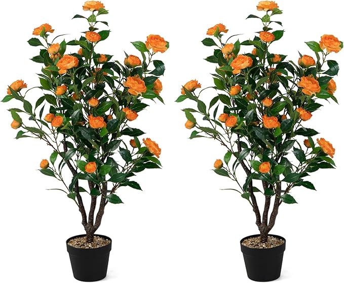 Goplus 40” Artificial Camellia Tree, 2 Pack Flower Plants Artificial Tree, Faux Floral Plant Blooming Tree in Cement Pot, Greenery Potted Plant for Indoor Outdoor Office Home Porch Decor