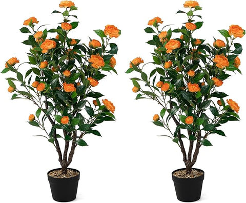 Goplus 40” Artificial Camellia Tree, 2 Pack Flower Plants Artificial Tree, Faux Floral Plant Blooming Tree in Cement Pot, Greenery Potted Plant for Indoor Outdoor Office Home Porch Decor