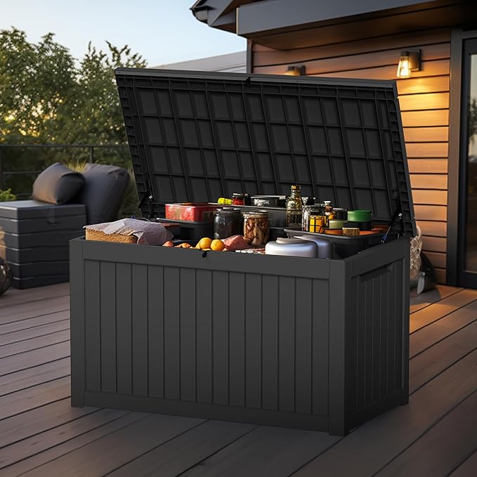 ROJIK Outdoor Storage Housing Deck Box,Waterproof Patio Furniture, Garden Tools,Cushions,Pool Accessories Storage Bench with Lockable Lid and Side Handles (Black,230 Gal)