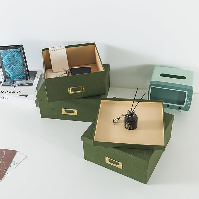 Soul & Lane Green Kraft Paper Boxes for Storage - Set of 3 Square Stacking Boxes with Lids and Gold Label Holders, Decorative Photo Storage, Nesting Cardboard Set for Decor and Organizing