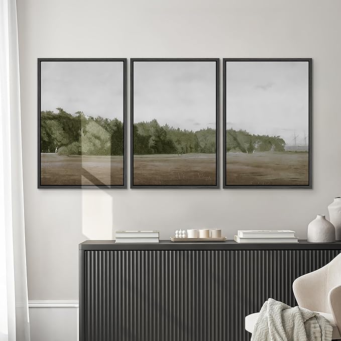 SIGNWIN Framed Canvas Print Wall Art Set Cloudy Sky Over Green Forest Clearing Nature Wilderness Illustrations Modern Art Chic Landscape for Living Room, Bedroom, Office - 24"x36"x3 Black