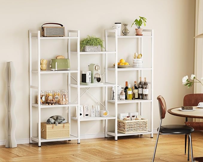Casaottima Triple 4 Tier Bookshelf, Large Bookcase with 11 Open Display Shelves, Modern Industrial Book Shelves Book Case for Bedroom, Wide Standing Shelving Unit for Living Room Home Office, White