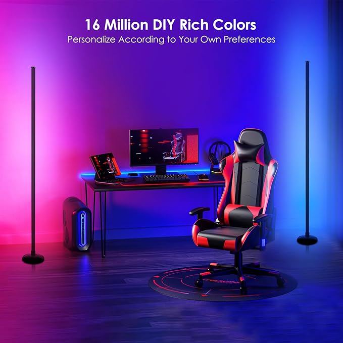 2PCS RGB Corner Floor Lights, Floor Lamp RGB Color Changing Corner Lamp LED Modern Floor Lamp with Bluetooth APP and Remote Control Music Sync, 65" Mood Lighting 24H Timing 398+ DIY Modes Lamp