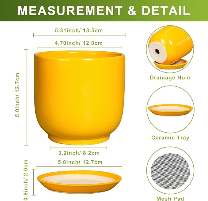 Plant Pot 5 Inch - Modern Round Indoor Ceramic Planter with Drainage Hole and Tray for Succulent Cactus Herbs Plants, Home House Garden Office Decor, Yellow