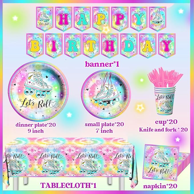 Roller Skating Party Supplies - 142Pcs Roller Skate Party Tableware Include Plates,Napkins,Cups,Banner,Tablecloth Let's Roll Birthday Decorations for Girl（20 Guests）