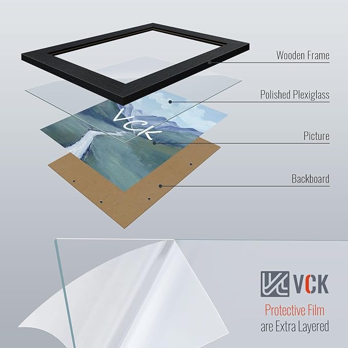 VCK 8x10 Picture Frame Set of 4 - Black, Gallery-Quality Wood Poster Frames, 1.1-Inch Wide Border, Polished Plexiglass, Vertical or Horizontal Wall & Tabletop Display for Photo/Art/Prints, Black