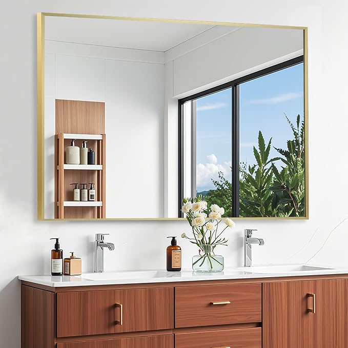 Gold Bathroom Mirror, 40"x30" Rectangle Mirror, Brushed Gold Mirror, Metal Frame Square Corner Vanity Mirror, Wall Mounted Mirror for Modern, Living Room, Bedroom, Horizontal Or Vertical