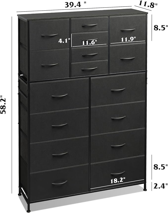 WLIVE Tall Console Table with 16 Fabric Drawers, Entryway Table with Storage, Large Storage Organizer with Wood Top, Steel Frame for Living Room, Hallway, Office, Charcoal Black