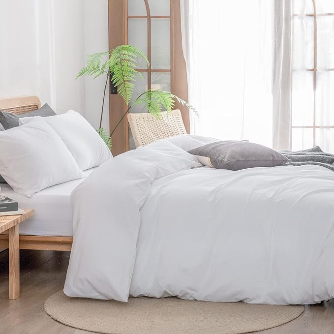 BESTOUCH Duvet Cover Set 100% Washed Cotton Linen Feel Super Soft Comfortable Chic Lightweight 3 PCs Home Bedding Set Solid Bright White Full/Double