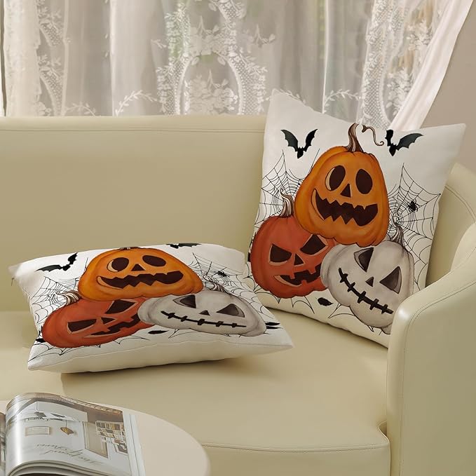 Halloween Pillow Covers 18x18 Set of 2 Black Spider Web Bat Orange Pumpkin Decorative Throw Pillow Covers Outdoor Decor Autumn Halloween Pillowcase Farmhouse Linen Cushion Case for Sofa Couch