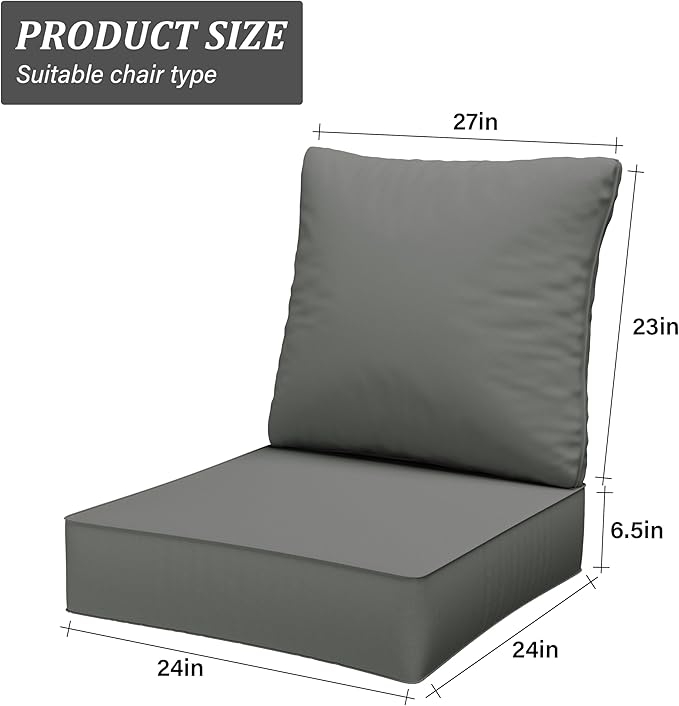 Outdoor Seat Cushion Set 24 x 24 x6.5 Inch Splash-Proof & Fade Resistant Patio Furniture Cushions with Removable Cover Deep Seat & Back Cushion with Straps for Chair Sofa Couch