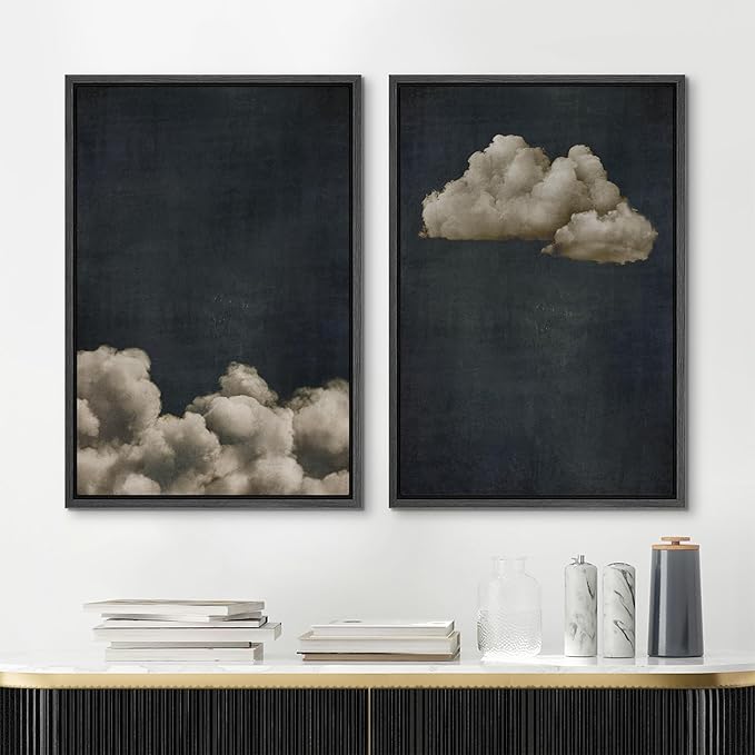 MUDECOR Framed Canvas Print Wall Art Vintage Cloudscape Dark Moody Sky with Floating Clouds Illustrations Modern Art Decorative Chic for Living Room, Bedroom, Office - 16"x24"x2 Black