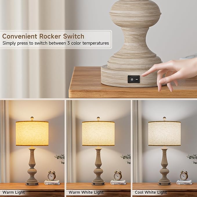 26" Farmhouse Resin Table Lamp for Bedroom Set of 2, Retro Bedside Lamps for Nightstand with USB C+A Ports, 3 Color Temperature Desk Lamp, Vintage Table Lamps for Living Room (Bulb Included)