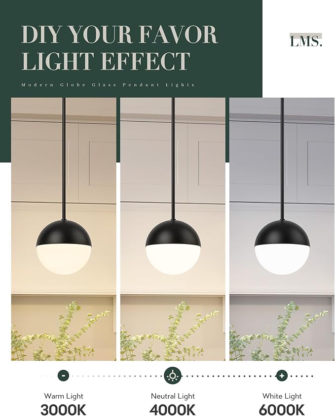 LMS 2 Pack Mid Century Pendant Lights, Matte Black Kitchen Island Light Fixtures with White Globe Glass Shade, Adjustable Hanging Rod Ceiling Light for Home Office Dining Room Bathroom, LMS-186BK2PK