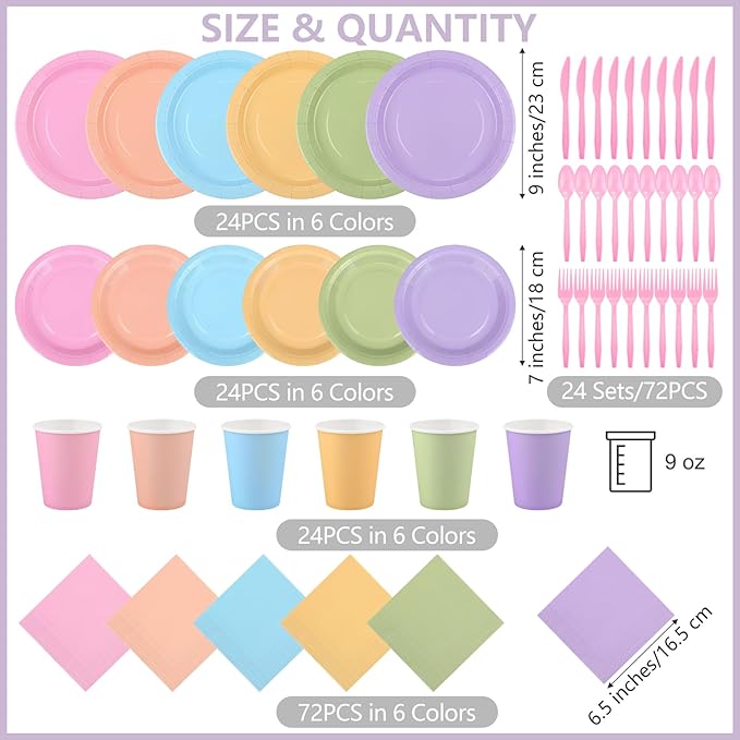 Durony 216-Piece Pastel Rainbow Disposable Party Tableware Set - Serves 24 Guests - 7" & 9" Paper Plates, 9oz Cups, Napkins, Plastic Cutlery, Party Decorations