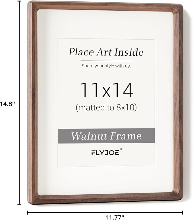 11x14 Picture Frame, USA-Sourced Natural Walnut Wood Photo Frame with Tempered Glass, Handcrafted Rounded Corner 11 x 14 Wooden Frame Matted to 8x10 Photos, Wall or Tabletop Display