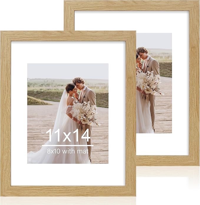 11x14 Picture Frame Set of 2, Made of Glass and Natural Oak Wooden Frame, Display 8x10 Pictures with Mat or 11 x 14 Posters without Mat for Wall Mounting, Gallery Photo Frames