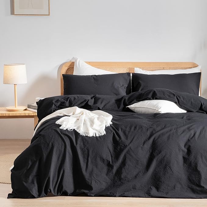 BESTOUCH Duvet Cover Set 100% Washed Cotton Linen Feel Super Soft Comfortable Chic Lightweight 3 PCs Home Bedding Set Solid Deep Black Super Queen
