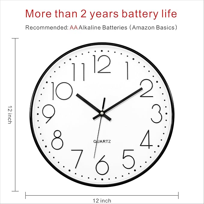 Foxtop Black Wall Clock 12 Inch Silent Non Ticking Quartz Battery Operated Round Clock Easy to Read for Office Classroom School Home Living Room Bedroom Kitchen Decor